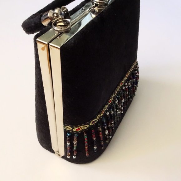 Moni Mini Black Velvet Beaded Fringe Clutch Purse - Picture 3 of 11